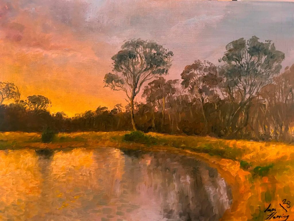 SUNSET AND REFLECTIONS OVER THE DAM NEAR GUNDAROO  2024 ©Ian Fleming